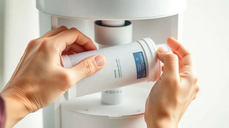 Mãos de uma pessoa trocando de forma simples e limpa o refil de um purificador de água, destacando a facilidade da manutenção.