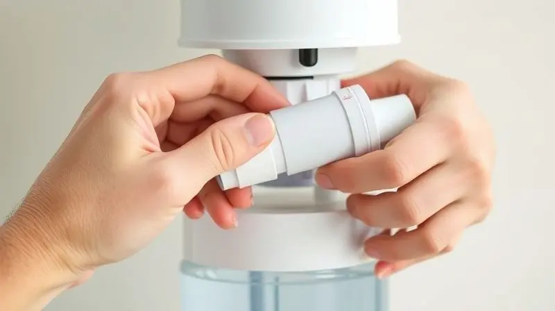 Mãos realizando a troca fácil do refil de um purificador de água, demonstrando a manutenção simples e prática do aparelho.