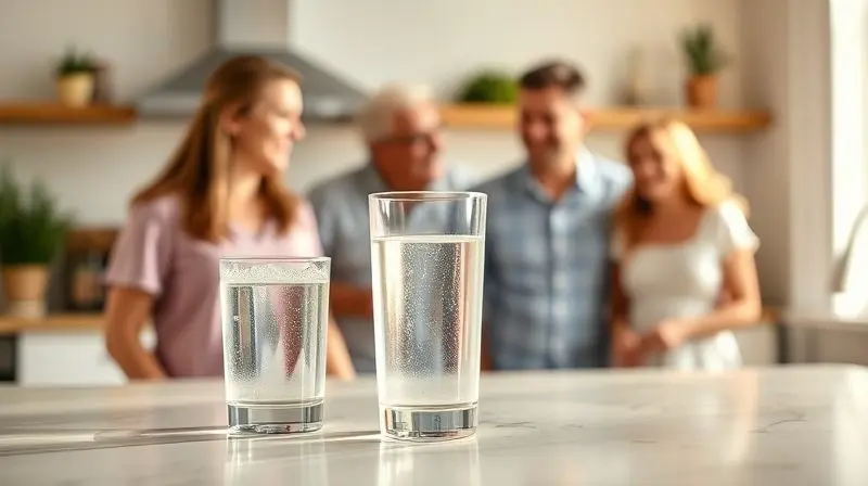 Imagem conceitual representando a confiança na marca Esmaltec, com um copo de água pura em primeiro plano e uma família feliz ao fundo.