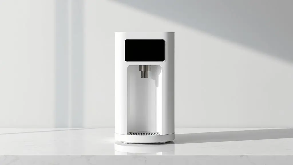 O melhor purificador de água alcalina de 2025, um modelo moderno e sem marca, centralizado em uma bancada de cozinha, simbolizando saúde e tecnologia.