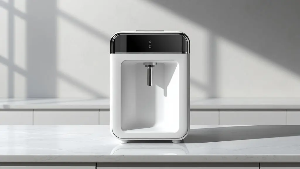 Um moderno purificador de água com ozônio branco e cromado, sem marca, em destaque sob iluminação de estúdio, simbolizando pureza e tecnologia avançada.
