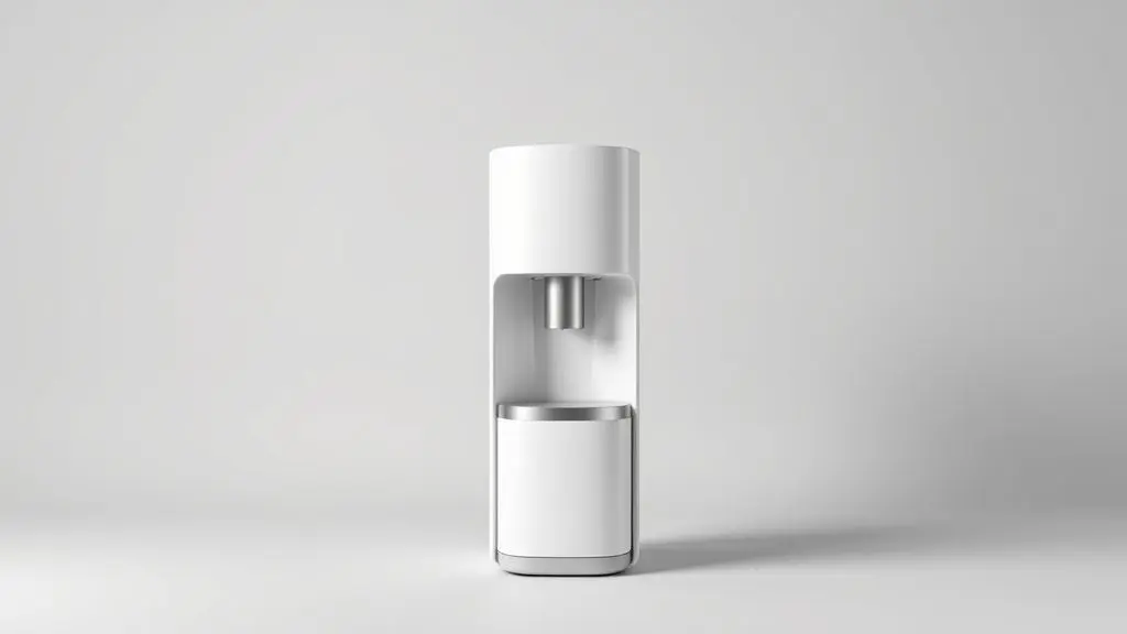 Um purificador de água moderno e minimalista, totalmente sem marca, em um estúdio com iluminação profissional para o review dos melhores de 2025.