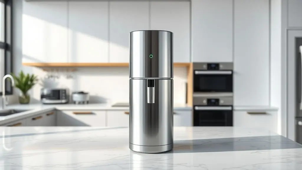 Um moderno purificador de água para empresas, sem marca, centralizado em uma cozinha de escritório elegante, simbolizando a escolha ideal para o ambiente de trabalho.