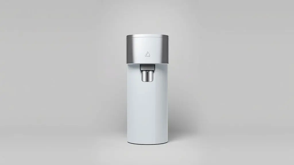 Um purificador de água com compressor moderno e sem marca, nas cores branco e prata, fotografado de frente em um estúdio com fundo neutro e iluminação profissional.