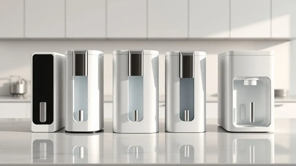 Quatro modelos de purificador de água Everest lado a lado em uma bancada de cozinha, destacando o design moderno e as características da marca.