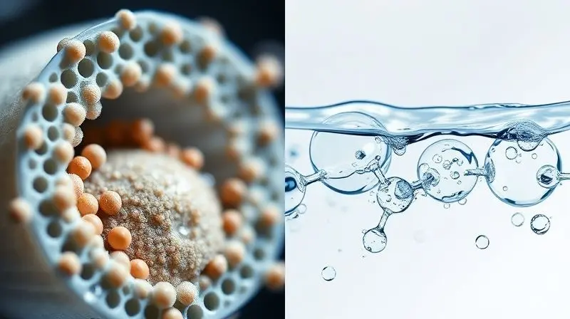 Visualização conceitual mostrando a retenção física de partículas de um filtro versus a purificação completa de um purificador em nível microscópico.