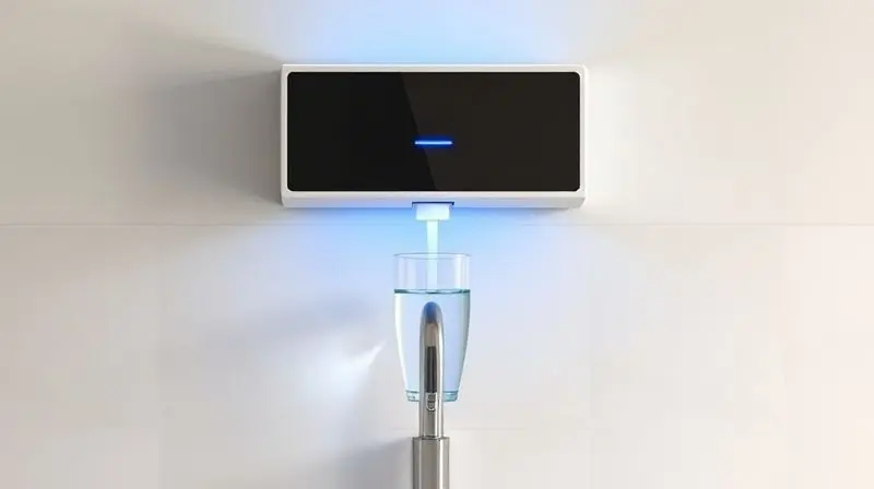 Um purificador de água eletrônico de alta tecnologia instalado em uma cozinha, enchendo um copo com água pura e cristalina.