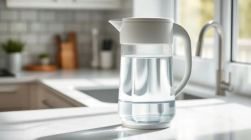 Um filtro de água de jarra, simples e moderno, em uma bancada de cozinha, demonstrando uma solução prática para filtragem de água.