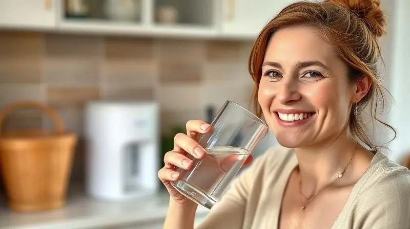 Uma pessoa sorrindo satisfeita enquanto bebe um copo de água pura em sua cozinha, com um purificador de água ao fundo, representando a opinião dos clientes.