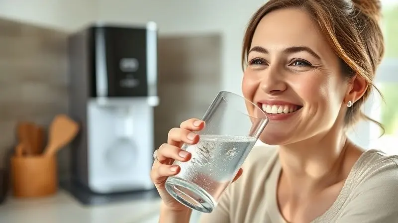 Uma pessoa satisfeita bebendo um copo de água pura, representando as avaliações positivas dos consumidores sobre o purificador Consul.