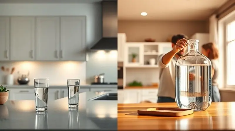 Cena dividida mostrando uma cozinha para solteiros e uma cozinha familiar, ilustrando para qual perfil de usuário cada purificador é indicado.