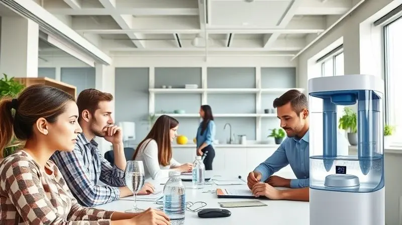 Um ambiente de escritório moderno e produtivo com funcionários hidratados, mostrando por que investir em um purificador de água para a empresa é benéfico.