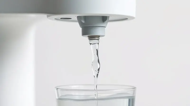 Foco no bico de um purificador de onde sai um fluxo muito fraco e lento de água, demonstrando um problema de baixa pressão.