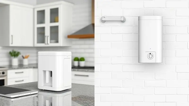 Comparativo visual entre o purificador de água Acqua Bella de mesa, em uma bancada, e a versão de parede, instalada na cozinha.