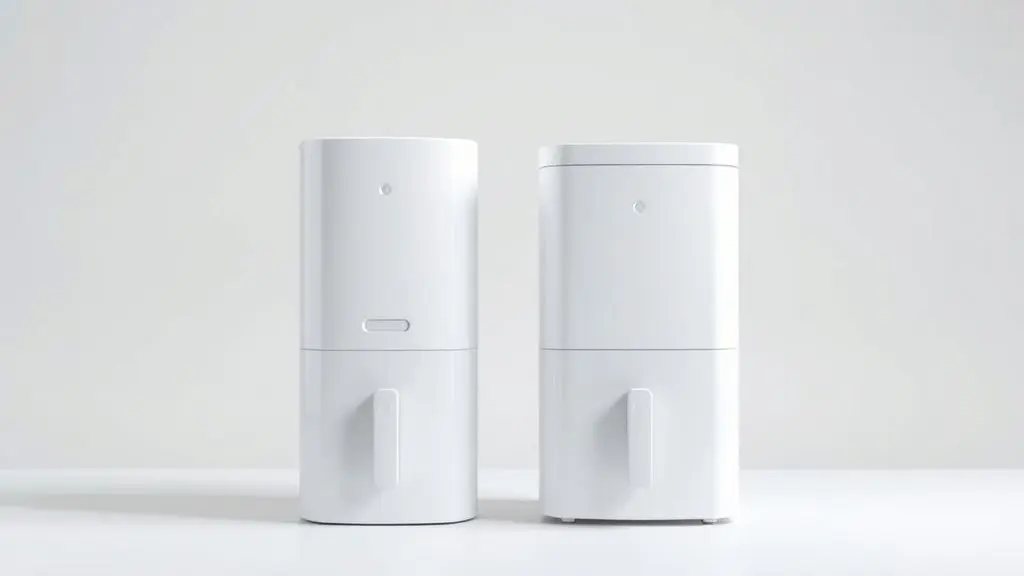 Análise comparativa dos purificadores de água Herc Plus e Prático, exibindo os dois modelos lado a lado em uma foto de estúdio com fundo neutro.
