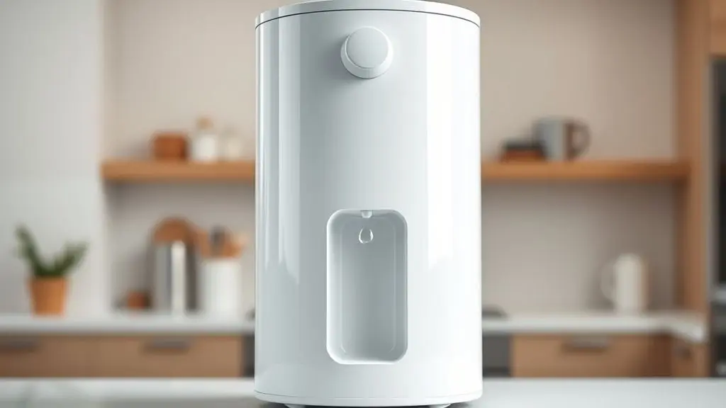 Purificador de água branco moderno com uma única gota caindo lentamente, ilustrando o problema de quando o purificador não sai água ou sai pouca.