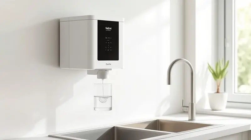 Purificador de água Colormaq Premium instalado em uma cozinha moderna, enchendo um copo com água pura e cristalina para a análise dos modelos.