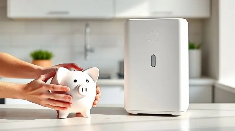 Cofrinho ao lado de um purificador de água Consul, representando o excelente custo-benefício e a economia na compra do aparelho.