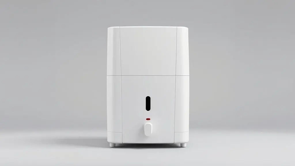 Um purificador de água branco e moderno, visto de frente, com uma luz de alerta vermelha acesa, indicando um problema ou mau funcionamento.