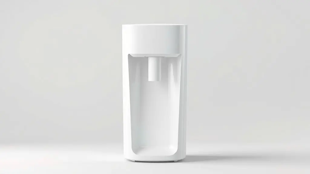Um purificador de água moderno e minimalista, sem marca, centralizado em um fundo de estúdio, representando a análise se o purificador Midea é bom.