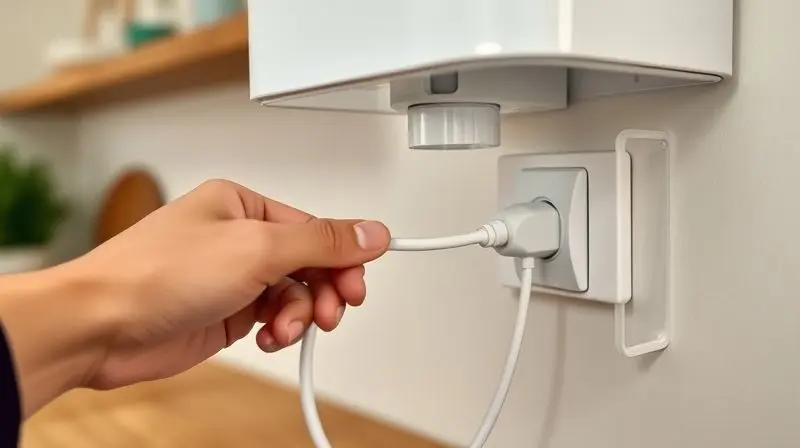 Mão de uma pessoa verificando a tomada e o cabo de energia de um purificador de água para diagnosticar por que o aparelho não liga.