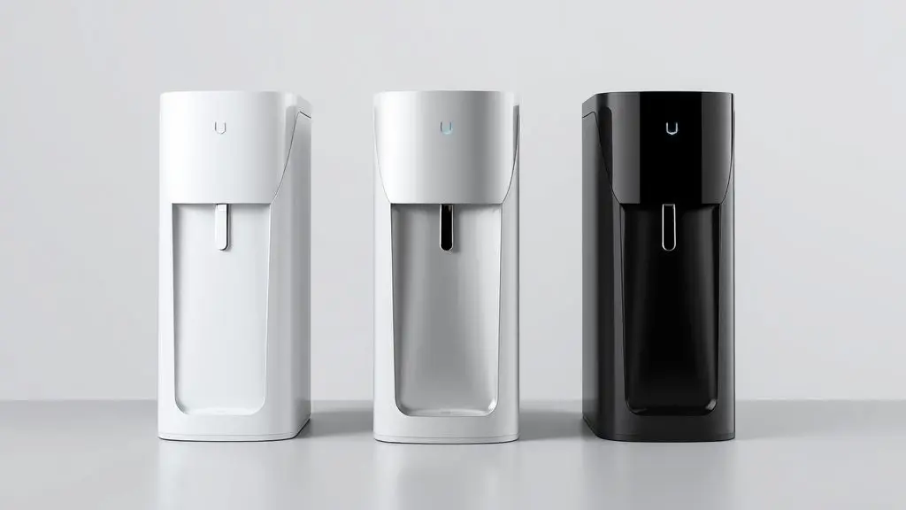 Análise completa do purificador de água Polar, mostrando os três modelos nas cores branco, prata e preto em um fundo de estúdio limpo.