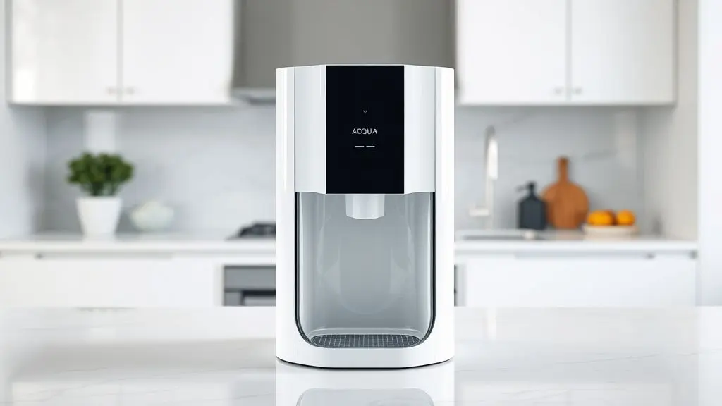 Análise detalhada do purificador de água Esmaltec Acqua 7 branco, visto de frente em uma bancada de cozinha moderna e limpa.