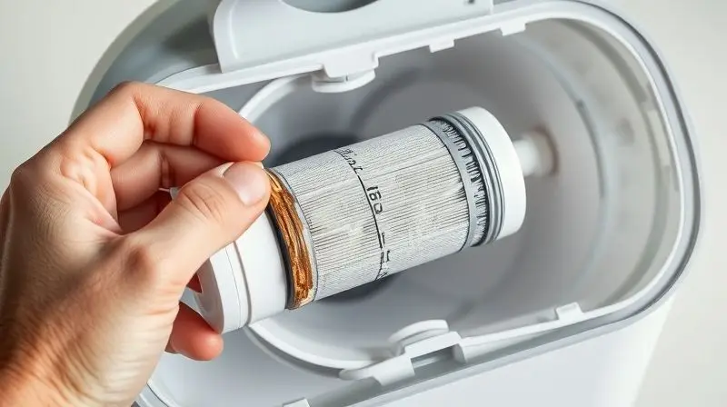 Imagem em close-up mostrando o passo a passo da remoção do refil antigo de dentro do purificador de água modelo Speciale.