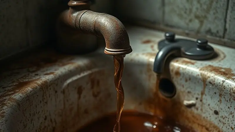Torneira antiga e enferrujada gotejando água turva em uma pia, ilustrando os perigos e riscos de consumir água não tratada ou contaminada.