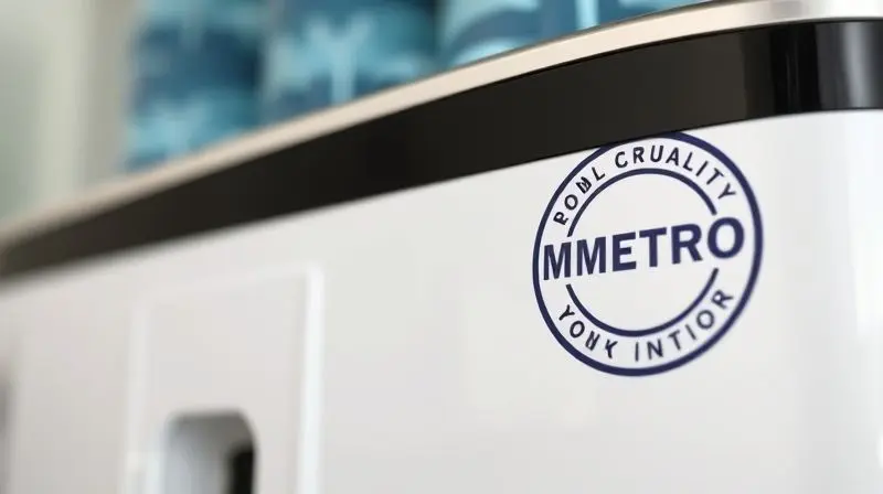 Destaque em um selo de certificação de qualidade genérico, similar ao do INMETRO, na lateral de um purificador de água, simbolizando confiança.