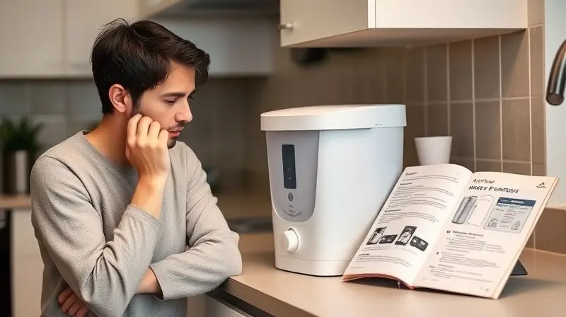 Pessoa com expressão pensativa olhando para um purificador e lendo o manual, buscando uma solução para um possível problema de funcionamento.