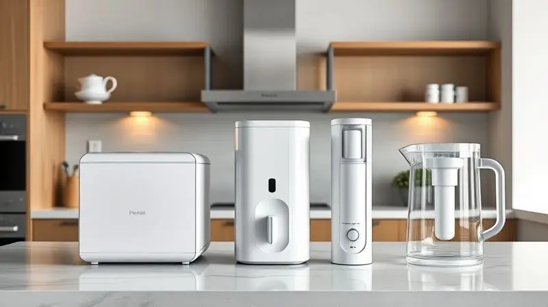 Comparativo visual dos três tipos de purificadores de água alcalina: um modelo de bancada, um de parede e uma jarra filtrante em uma cozinha moderna.