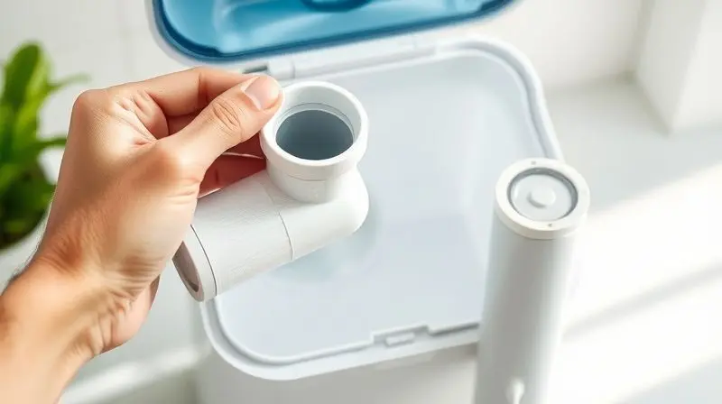 Mãos realizando a troca do filtro refil de um purificador de água, com o filtro novo sendo inserido no aparelho e o antigo ao lado.