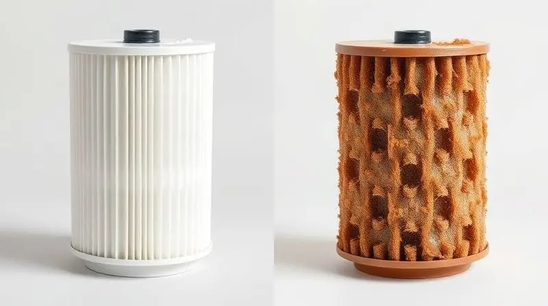 Comparativo entre um refil de filtro de purificador novo e limpo e um refil antigo, saturado e entupido, mostrando a necessidade da troca.