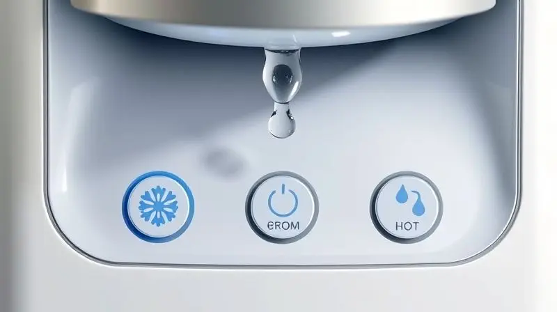 Detalhe de um purificador de água mostrando as vantagens avançadas, como opções de água gelada, natural e quente.