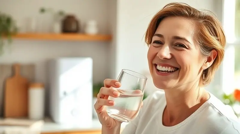 Pessoa saudável e sorridente bebendo um copo de água pura em uma cozinha iluminada, com um purificador ao fundo, simbolizando as vantagens para a saúde.