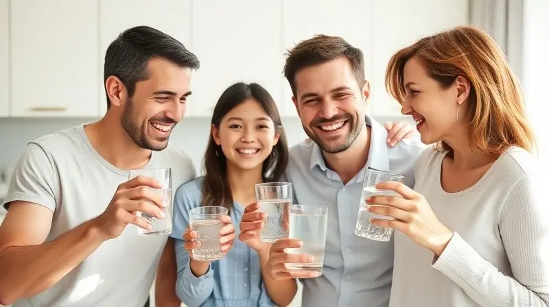 Família sorrindo e brindando com copos de água em uma cozinha iluminada, mostrando as vantagens de um purificador de água para a saúde e bem-estar.