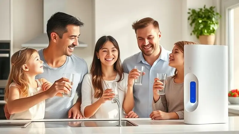 Família sorrindo ao beber copos de água cristalina de um purificador, ilustrando as vantagens de ter água pura em casa.