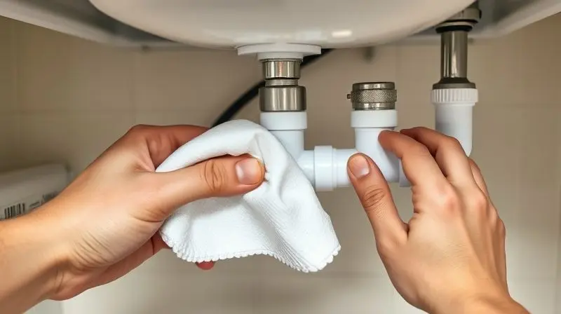 Pessoa utilizando um papel toalha para verificar se há vazamentos nas conexões de um filtro de água recém-instalado sob a pia.