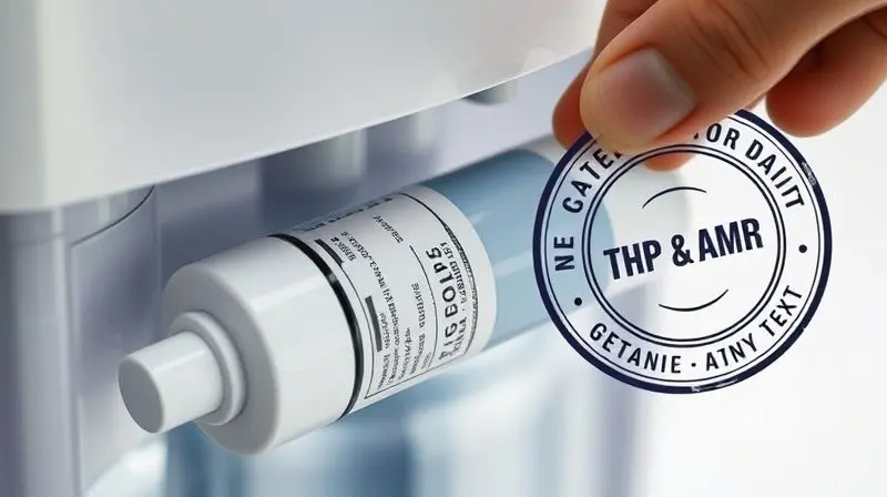 Close-up de um selo de certificação INMETRO em um purificador de água, garantindo o nível de filtragem e a segurança do aparelho para empresas.