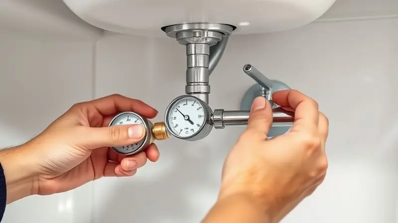 Pessoa utilizando um manômetro para medir a pressão da água em um cano sob a pia, uma etapa crucial antes de instalar um purificador.